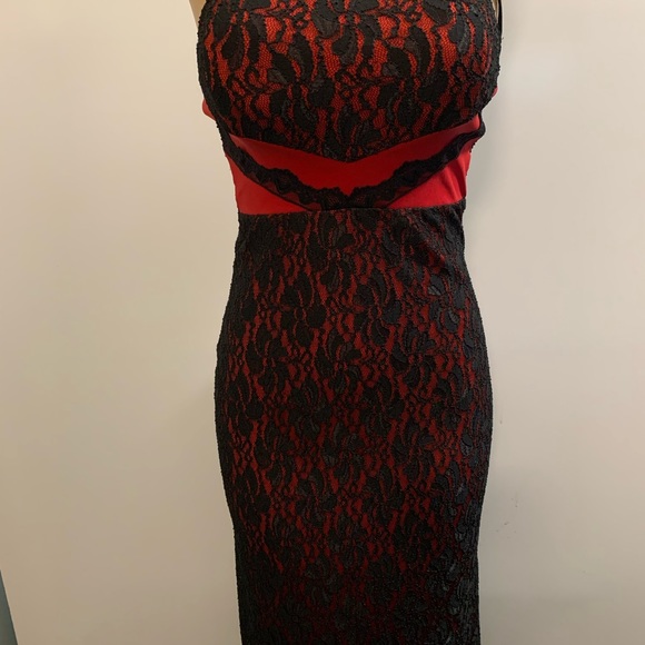 Women junior black- red strapless lace bodycon maxi dress size (M)  sleeveless - Picture 5 of 10